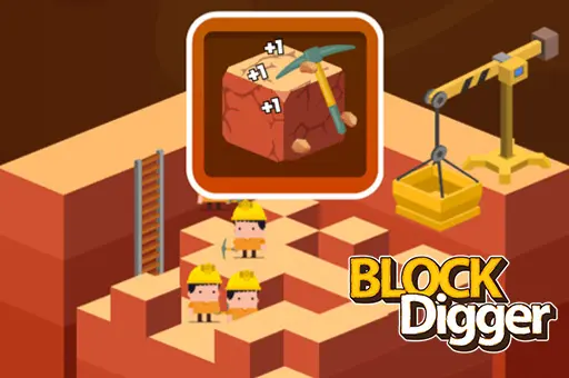 Imagem do jogo Block Digger com personagens mineradores em estilo pixel art cavando blocos para coletar recursos. Jogo de mineração com gemas, upgrades e construção de império subterrâneo.